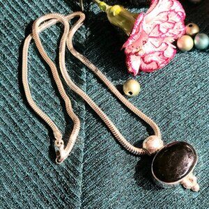 Vintage - Black Onyx Necklace- Sterling Silver - 28g - 22" Long
